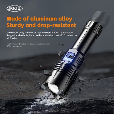 Picture of Kezu Aluminum Alloy Strong Light Flashlight White Laser Wick , Battery Indicator Type-C fast charging ,Most Powerful White Laser 600 Meters Long Range Rechargeable Zoom Led  26650Mah Black