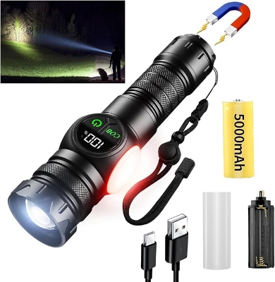 Picture of 3 in 1 Rechargeable Flashlight True 5000 Lumens Outdoor Strong Cob Light, 5000mAh Zoomable Beam LED Flash Light with Magnet Power Failure Emergency Survival Kits Snowstorm (Standard) Black