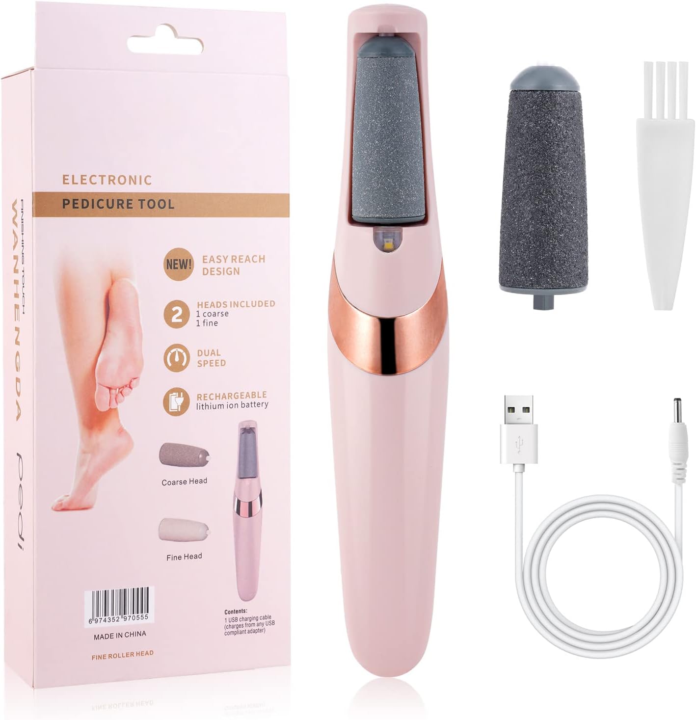 Picture of Electric Foot File, USB Rechargeable Feet Callus Remover with 2 Speed of Replacement Rollers & LED Lights, Professional Hard Skin Remover Foot Care Tools for Cracked Heels Calluses & Dead Skin Pink