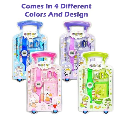 Picture of 7 IN 1 Stationery Set Toy for Kids - School Supply Kit with Pencil, Eraser, Sharpener, Wrist Watch and Purse - Birthday Return Gift - Color and Design As Per Stock (Pack of 1) 
