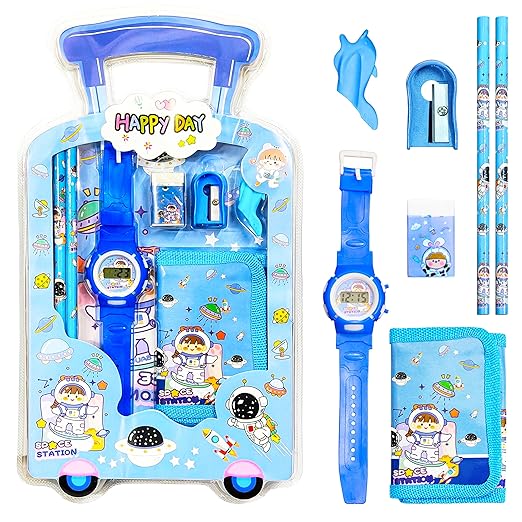 Picture of 7 IN 1 Stationery Set Toy for Kids - School Supply Kit with Pencil, Eraser, Sharpener, Wrist Watch and Purse - Birthday Return Gift - Color and Design As Per Stock (Pack of 1) 