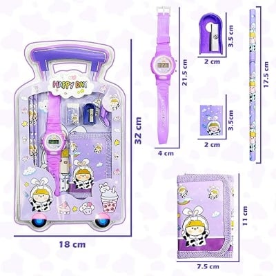 Picture of 7 IN 1 Stationery Set Toy for Kids - School Supply Kit with Pencil, Eraser, Sharpener, Wrist Watch and Purse - Birthday Return Gift - Color and Design As Per Stock (Pack of 1) 