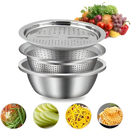 Picture of Stainless Steel 3 in 1 Kitchen Multipurpose Kitchen Bowl,Drain Basket,Graters for Vegetable,Fruit Cutter,Grater Kitchen Mesh Strainers [Total 3 Piece] (Strainer+Bowl+Chopper)26CM Silver