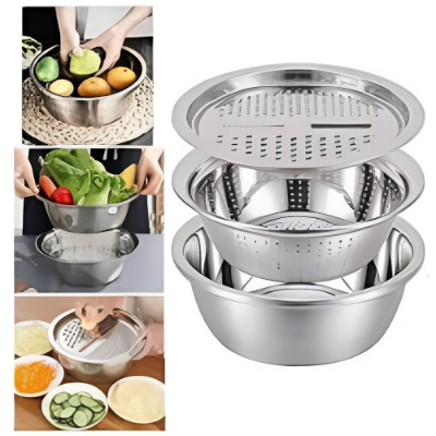 Picture of Stainless Steel 3 in 1 Kitchen Multipurpose Kitchen Bowl,Drain Basket,Graters for Vegetable,Fruit Cutter,Grater Kitchen Mesh Strainers [Total 3 Piece] (Strainer+Bowl+Chopper)26CM Silver