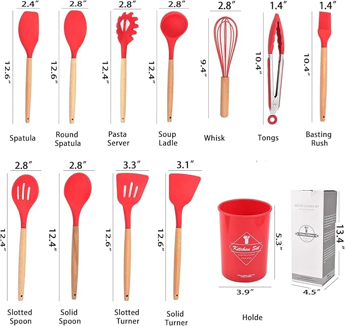 Picture of Spoon Set 12-Piece Silicone Kitchen Cooking Utensils Set, Non-Stick Utensils Set Heat Resistant Easy Clean, BPA Free Tools Red, 12 Pcs Red