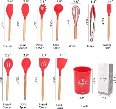 Picture of Spoon Set 12-Piece Silicone Kitchen Cooking Utensils Set, Non-Stick Utensils Set Heat Resistant Easy Clean, BPA Free Tools Red, 12 Pcs Red
