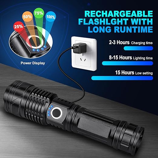 Picture of Flashlights High Lumens Rechargeable, 990,000 Lumens Super Bright Led Flashlight with 5 Modes, IPX6 Waterproof Powerful Flash Light Multifunctional Flashlights for Home Emergencies Camping Black