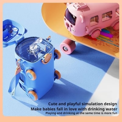 Picture of Portable Water Cup in Bus Shape, 500ml Leak-Proof Portable Water Bottle with Straw and Strap, Detachable Fun Cute Cartoon Bus Water Bottle for Boys Girls Camping Trips Multicolor