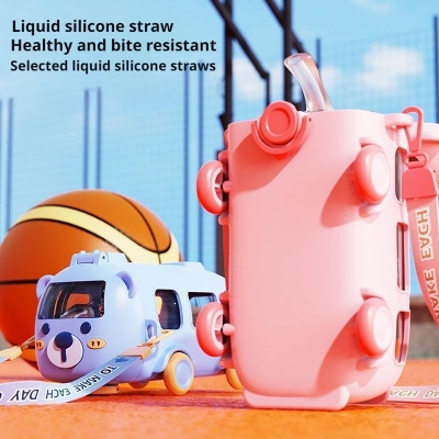 Picture of Portable Water Cup in Bus Shape, 500ml Leak-Proof Portable Water Bottle with Straw and Strap, Detachable Fun Cute Cartoon Bus Water Bottle for Boys Girls Camping Trips, Portable Design Multicolor