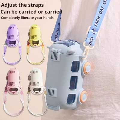 Picture of Portable Water Cup in Bus Shape, 500ml Leak-Proof Portable Water Bottle with Straw and Strap, Detachable Fun Cute Cartoon Bus Water Bottle for Boys Girls Multicolor