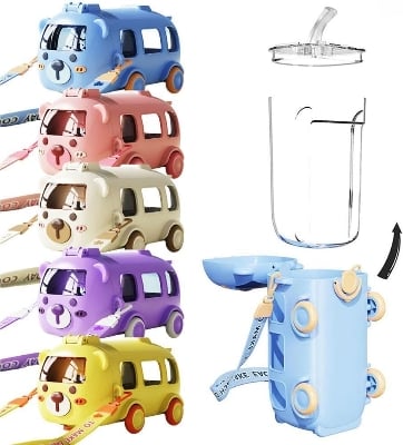 Picture of Portable Water Cup in Bus Shape, 500ml Leak-Proof Portable Water Bottle with Straw and Strap, Detachable Fun Cute Cartoon Bus Water Bottle for Boys Girls Multicolor