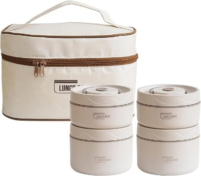 Picture of Portable Insulated Lunch Containers with Bag, Separate Stackable Lunch Container, Leakproof Stackable Stainless Steel Food Container, for Adult Men Women Kids, Insulated Bento Boxes (Beige, 4Tier) Multicolor
