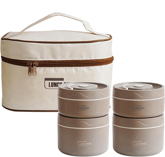 Picture of Portable Insulated Lunch Containers with Bag, Separate Stackable Lunch Container, Leakproof Stackable Stainless Steel Food Container, for Adult Men Women Kids, Insulated Bento Boxes (Beige, 4Tier) Multicolor