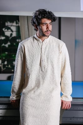 Picture of Premium Quality Off White Color Semi Long Panjabi Noob Men’s Regular Fit Premium Panjabi White