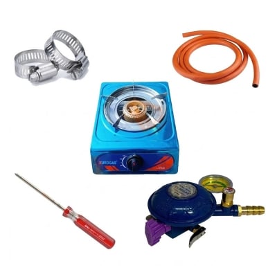 Picture of Gas Safety Device and Double Burner Stove Set with 7ft Pipe Large Family Package with All Accessories Eurogas