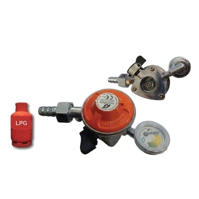 Picture of LPG Gas Safety Regulator 22mm with Meter & Auto Shut Off – 6 Feet Hose Pipe, 2 Clamps, Screwdriver – 5 in 1 Package – IGT