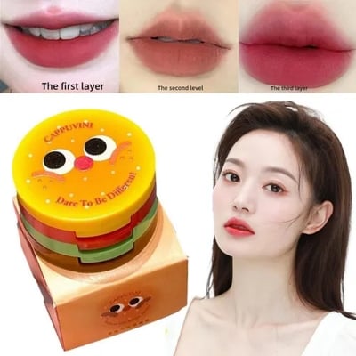 Picture of Butter Hamburger Lip Mud 3 in 1 Waterproof Velvet Red Brown Mousse Lipstick Set Cute Combo Tint Non-stick Cup Lips Makeup