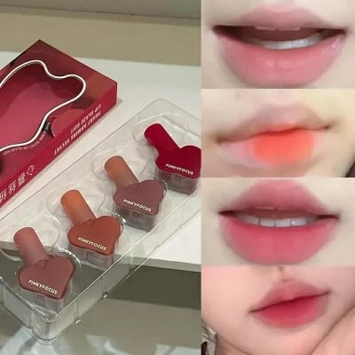 Picture of 4-Color Creative Love Waterproof Matte Velvet Lip Gloss Set Dark Red Lipstick Kit Red Lip Tint Mud Women Korean Makeup