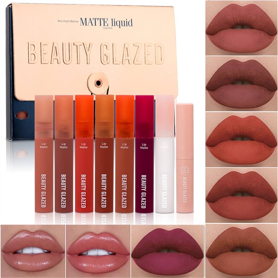 Picture of BEAUTY GLAZED 8PCS LIPS MAKEUP SET LIPSTICK LONG LASTING MOISTURE LIP GLOSS COSMETIC  RED LIP MATTE LIPSTICK WATERPROOF