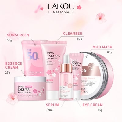 Picture of LAIKOU Sakura Skin Care Combo (Brightening Serum / Whitening Face Moisturizer / Eye Cream / Cleansing Mud Mask Remove Acne)-Set 6pcs