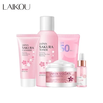 Picture of LAIKOU Sakura Face Serum Noirishing Essence Cream Sunscreen Reduce fine lines Facial Wash Cleansing Pores Sun Protection SPF 50+ Brightening Skin Rejuvenation- 5pcs