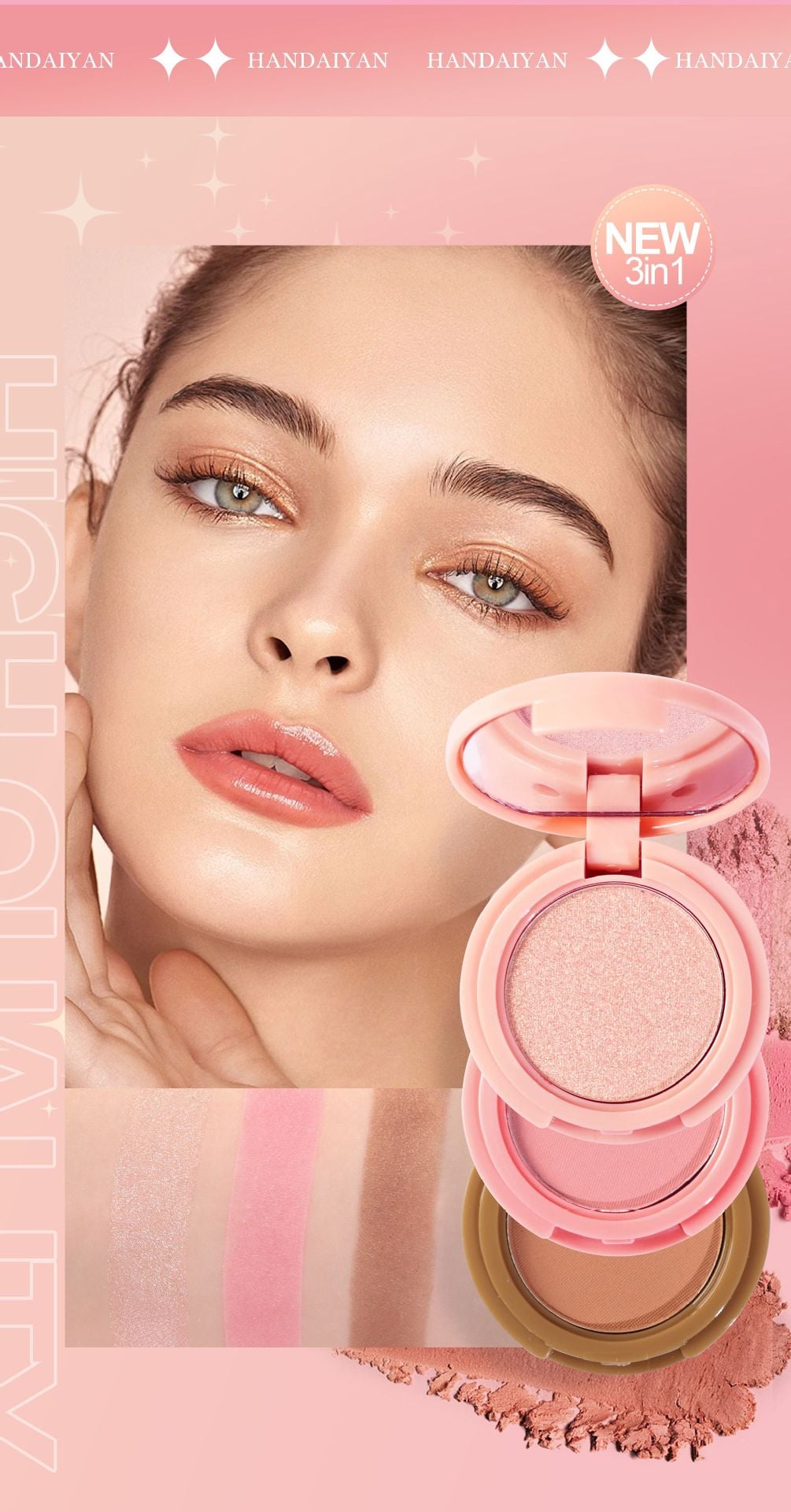 Picture of HANDAIYAN  3 In 1 Bronzer Highlighter Blush Contouring Powder Shimmer Eye Shadow Women Face Makeup Palette-#01