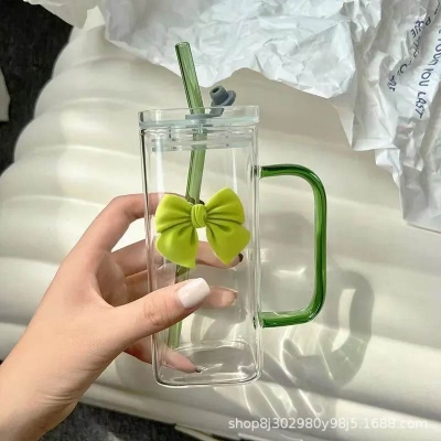 Picture of 350ML Square Mug with Lids and Straws with Bow Water Cup Household Cup Female Milk Coffee Cups with Green Handle Gift