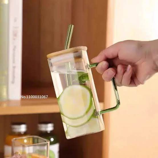 Picture of 350ML Square Mug with Lids and Straws with Bow Water Cup Household Cup Female Milk Coffee Cups with Green Handle Gift
