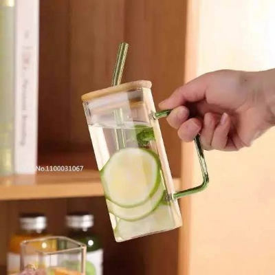 Picture of 350ML Square Mug with Lids and Straws with Bow Water Cup Household Cup Female Milk Coffee Cups with Green Handle Gift