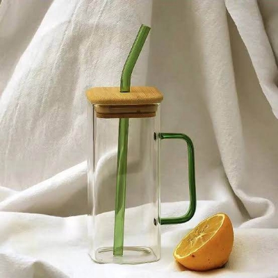 Picture of 350ML Square Mug with Lids and Straws with Bow Water Cup Household Cup Female Milk Coffee Cups with Green Handle Gift