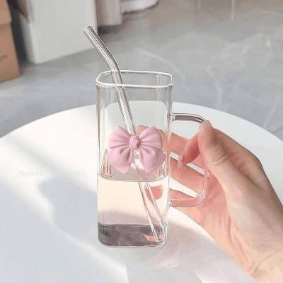 Picture of 350ML Square Mug with Lids and Straws with Bow Water Cup Household Cup Female Milk Coffee Cups with Pink Handle Gift