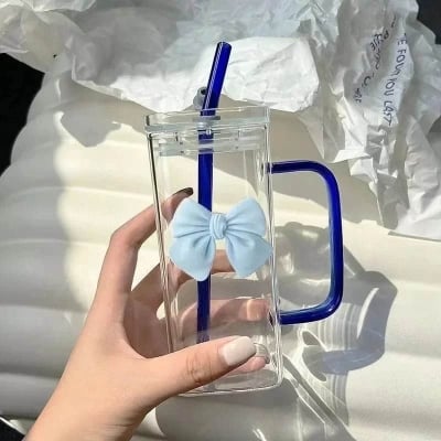 Picture of 350 ml Square Mug With Lids and Straws With Bow Water Cup Household Cup Female Milk Coffee Cups With Blue Handle Gift
