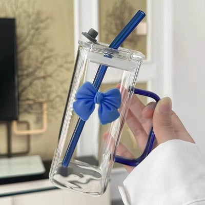 Picture of 350 ml Square Mug With Lids and Straws With Bow Water Cup Household Cup Female Milk Coffee Cups With Blue Handle Gift