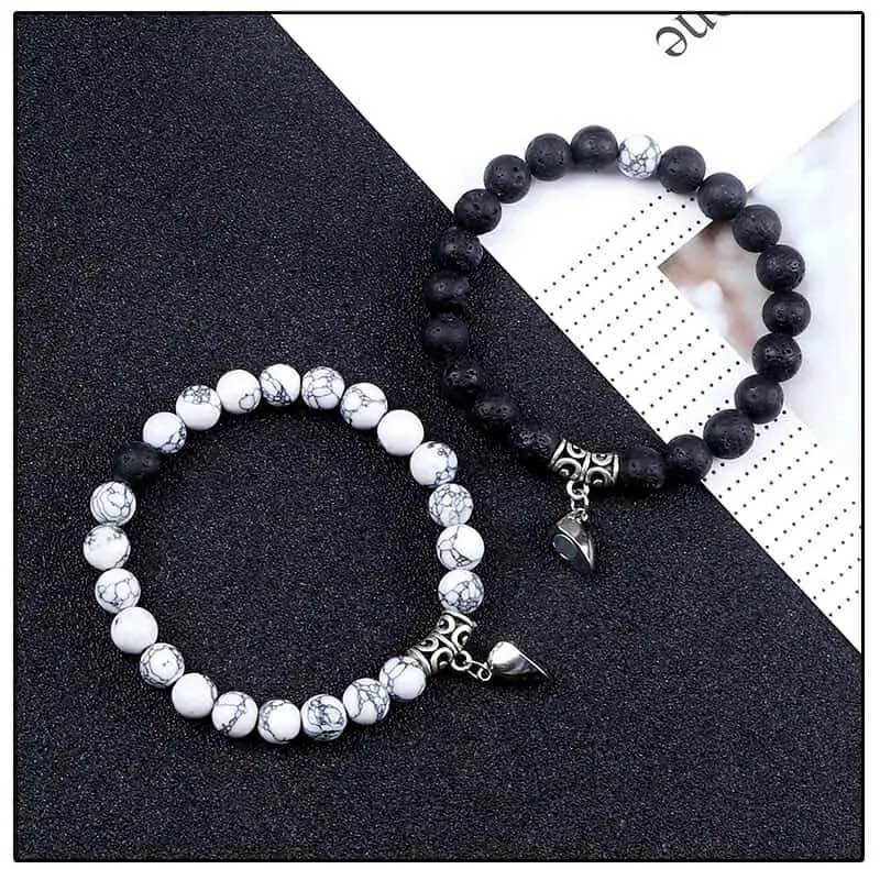 Picture of Heart Magnetic Couples Bracelets Black Onyx White Howlite Adjustable Elastic