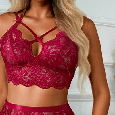 Picture of Solid Lace Bra and Brief Set With Garter Sensual Bandage Women Bra Set Se-xy Lingerie
