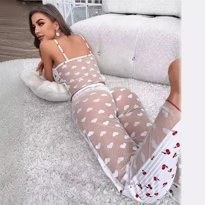 Picture of Summer Suspender Suit for Women Breathable Woven Patchwork Mesh Pajamas with Printed Sleepwear