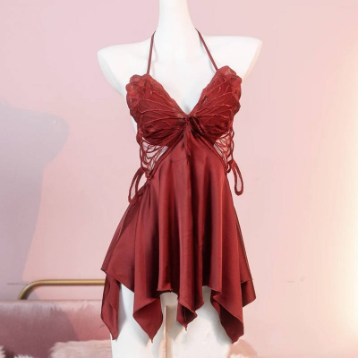 Picture of Se-xy Elegant Breathable V-neck Butterfly Lace Sheer Satin Nightgown Robe Loungewear Chest Pad