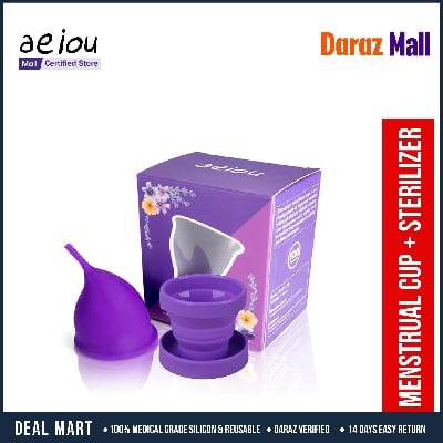Picture of AEIOU Hypoallergenic Certified Medical Grade Reusable Menstrual Cup and Sterilizer Box | Purple | Large Size | Small Size | Pad