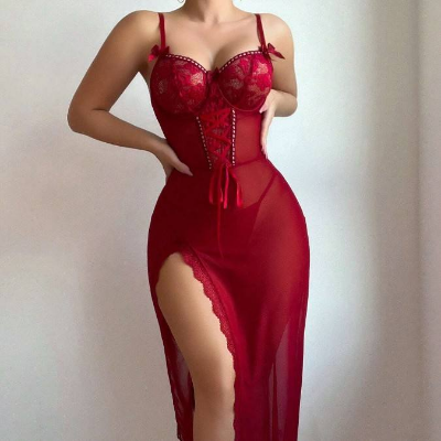 Picture of Suspender Lace Waist Embroidered Hollow Out Transparent Se-xy Mesh Long Skirt Set for Women