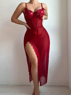 Picture of Suspender Lace Waist Embroidered Hollow Out Transparent Se-xy Mesh Long Skirt Set for Women