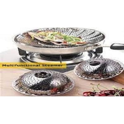 Picture of Stainless Steel Steamers Foldable Pasta Pot 3 in 1 Steaming Plate Food Fruit Trays Vegetable Rack Drains Dish Cooking Tool Multifunctional Lotus Steamers 27.3cm Adjustable Width (Silver)