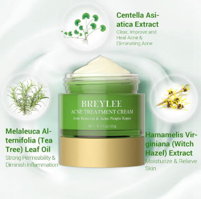 Picture of BREYLEE Acne Treatment Cream, Tea Tree Oil Acne Cream for Clearing Severe Acne, Breakout, Remove Pimple and Repair Skin (20ml,0.7oz) Green