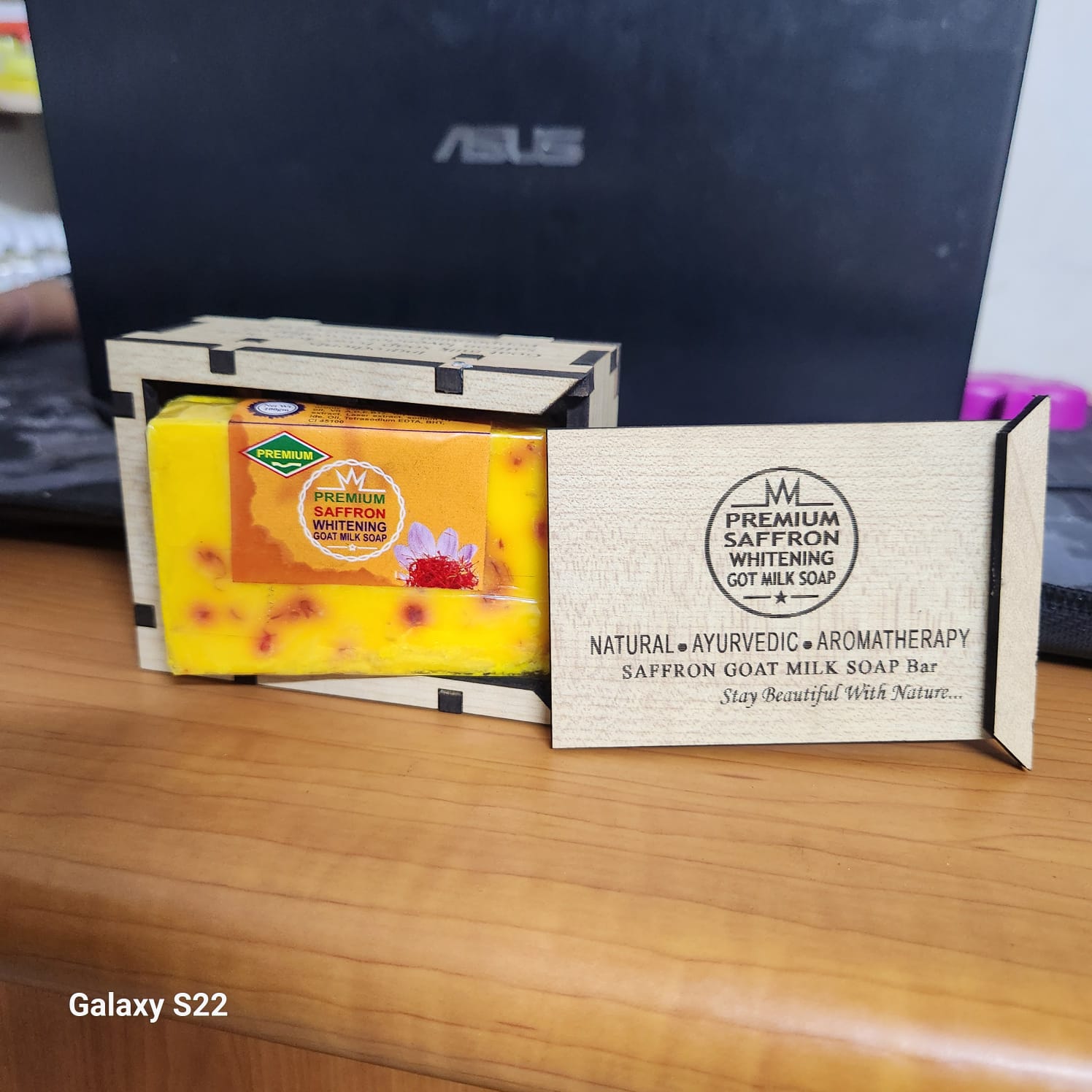 Picture of Real Saffron Goat Milk Soap Bar Wooden Box-100ml Yellow