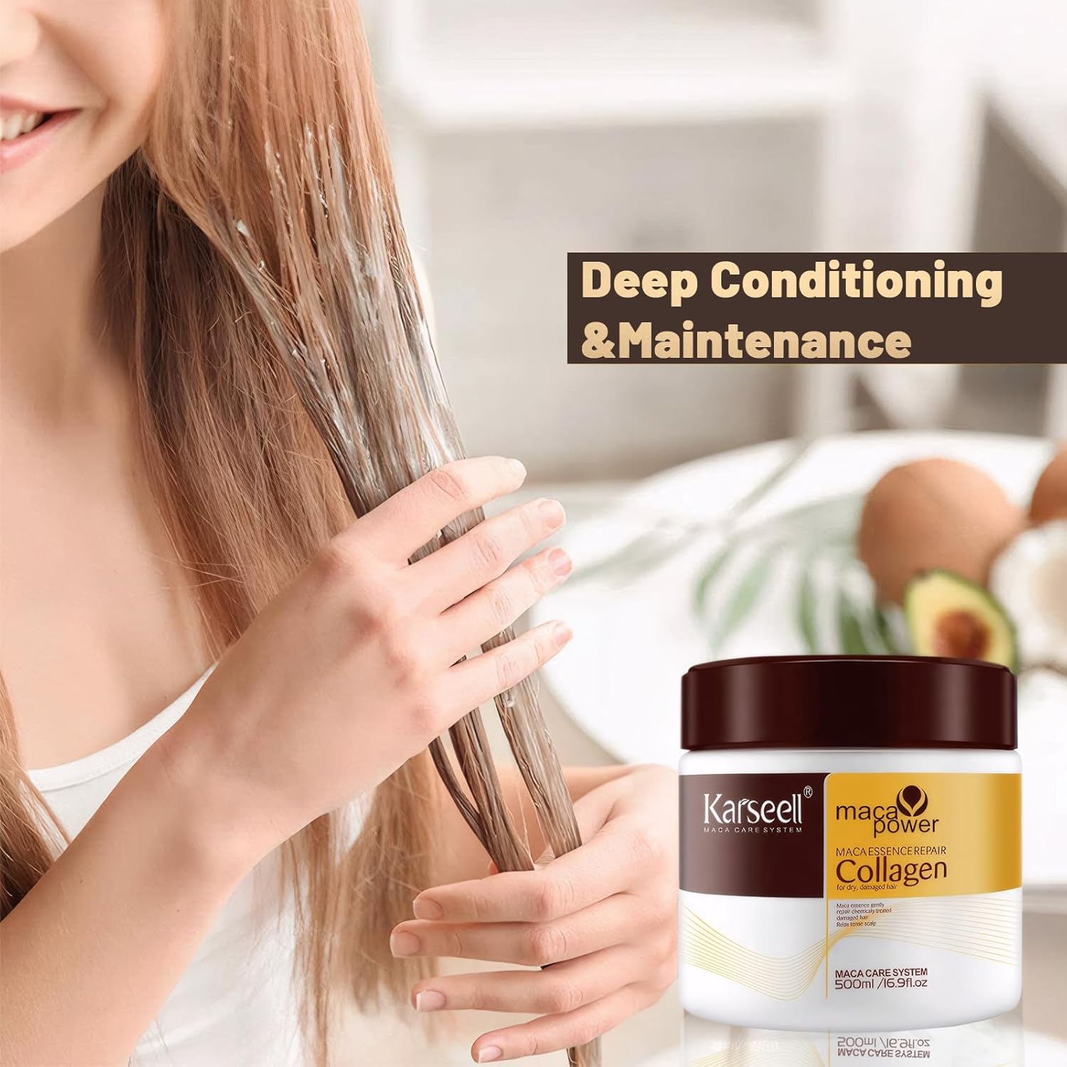 Picture of Karseell Collagen Hair Treatment Mask - Deep Repair Conditioning Argan Oil Collagen Hair Mask Essence For Dry & Damaged Hair - 16.90 oz 500ml White