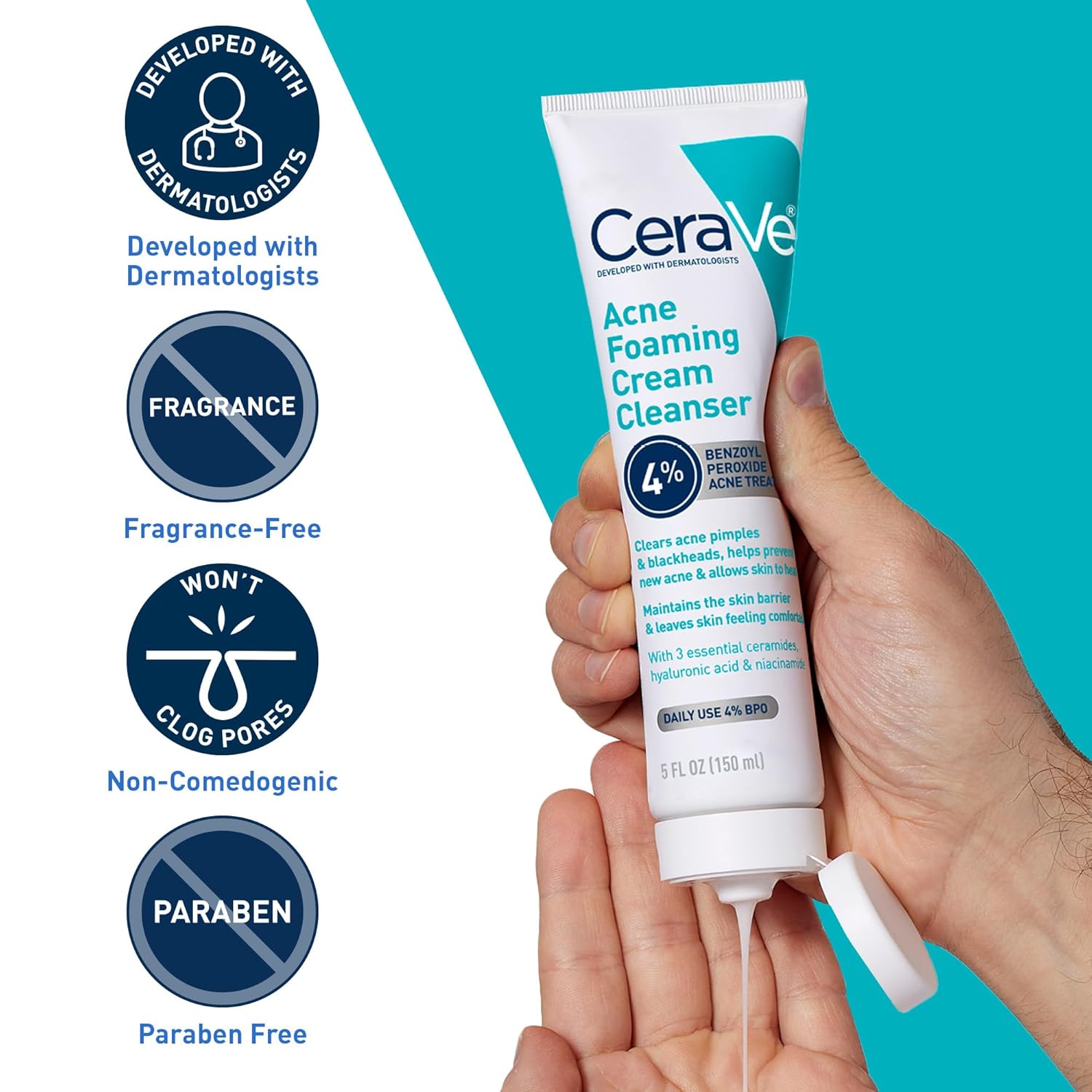 Picture of Cerave Acne Foaming Cream Cleanser with 4% Benzoyl Peroxide (150ml) White