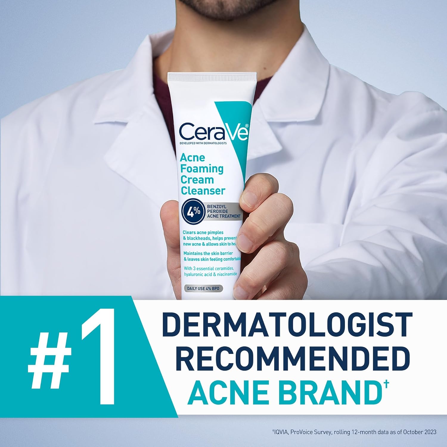 Picture of Cerave Acne Foaming Cream Cleanser with 4% Benzoyl Peroxide (150ml) White