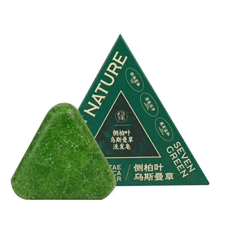 Picture of Nature Herbal Seven Green Triangle Shampoo Bar Soap with multyfunction, Oil Control, Dandruff Removal, Smoothening, Platycladus Usman Grass Hair Care-120g