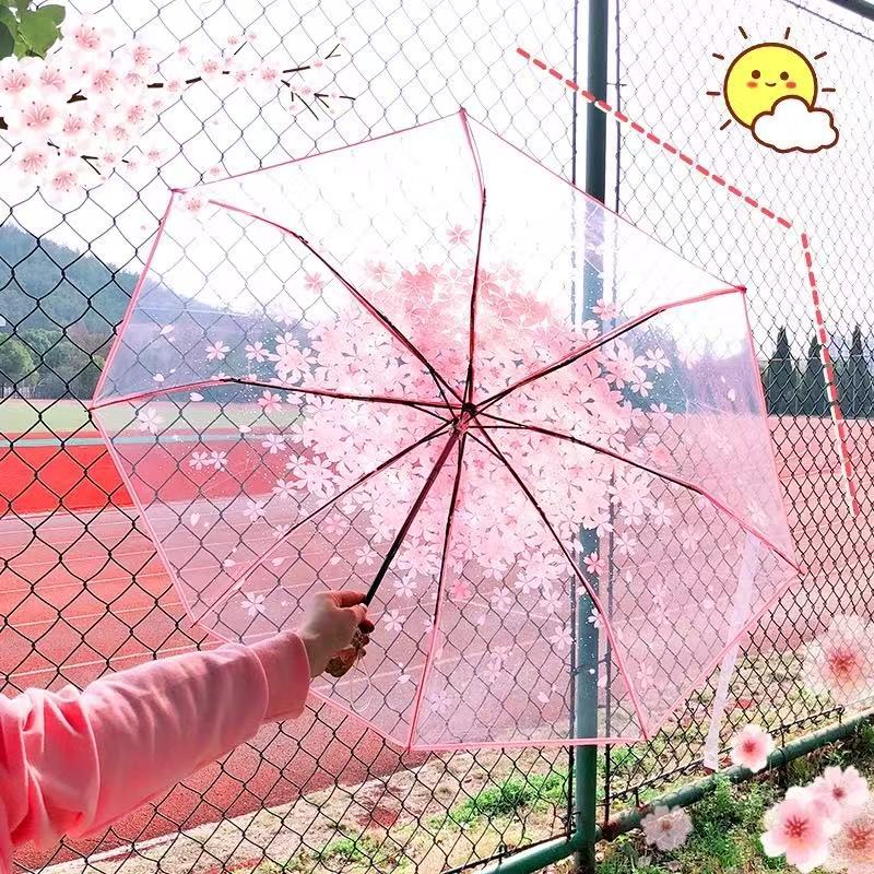 Picture of Transparent Cherry Blossom Folding Umbrella for Women – Cute Portable Gift Umbrella with Floral Design, Lightweight Windproof Rain Umbrella