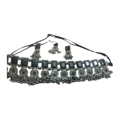 Picture of Oxidised Lotus Choker necklace with earring set for women - Necklace For Girls