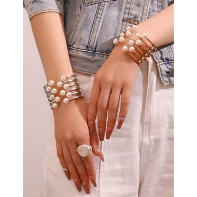 Picture of Super Shine Stainless Steel Heavy Metal Pearl Party Bracelet for Women